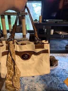 Coach Cream and Brown Leather Tote with Silver Hardware